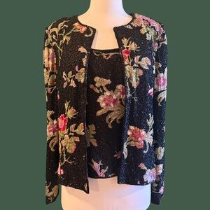 Vintage Cecily Brown Floral Beaded Jacket Blazer With Shell Camisole Silk
